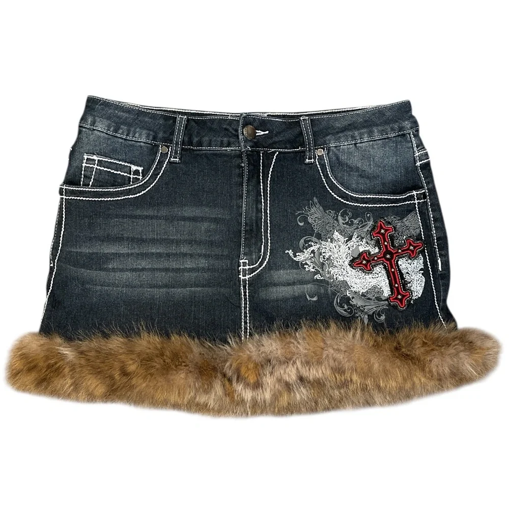 Y2K Goth Denim Mini Skirt Faux Fur Hem Cross Embroidery XL Alt Grunge - Picture 2 of 10